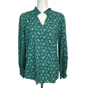 Talbots Blouse sz Medium Dark Green Floral Cottage Core Smocking Prairie Modest